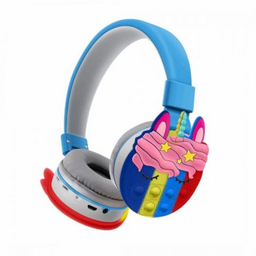 Elektronika - Oxe Bluetooth bezdrátová dětská sluchátka Pop It, jednorožec, modrá